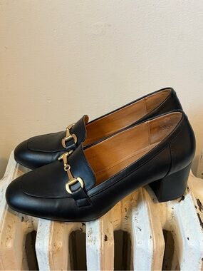 Classic Black Leather Block Heel Loafers with Gold Buckles
